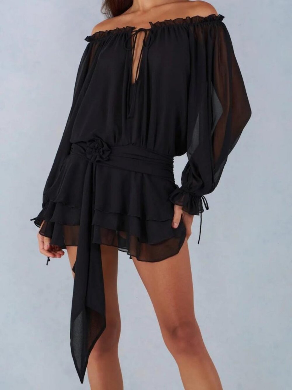 Oh Polly black off the shoulder boho mini dress